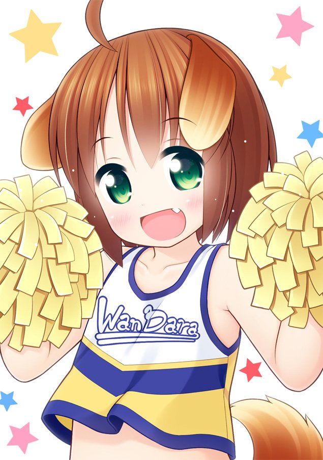 :d ahoge animal_ears bangs bare_shoulders blush brown_hair cheerleader clothes_writing collarbone commentary_request crop_top dog_ears dog_girl dog_tail eyebrows_visible_through_hair fang green_eyes hair_between_eyes head_tilt holding inuarashi looking_at_viewer meiko_(inuarashi) open_mouth original pom_poms shirt short_hair sleeveless sleeveless_shirt smile solo star starry_background tail white_background