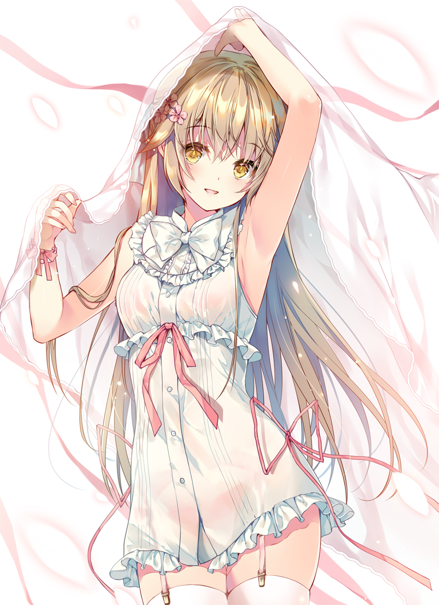 1girl :d arm_up armpits bangs bare_arms bare_shoulders bead_bracelet beads blanket blonde_hair bracelet breasts buttons commentary_request cowboy_shot dress eyebrows_visible_through_hair flower frilled_dress frills garter_straps hair_flaps hair_flower hair_ornament head_tilt highres jewelry legs_together long_hair looking_at_viewer miwabe_sakura open_mouth original panties pink_flower pink_panties pink_ribbon ribbon see-through sidelocks sleeveless sleeveless_dress small_breasts smile solo standing thighhighs underwear white_background white_dress white_legwear wrist_ribbon yellow_eyes