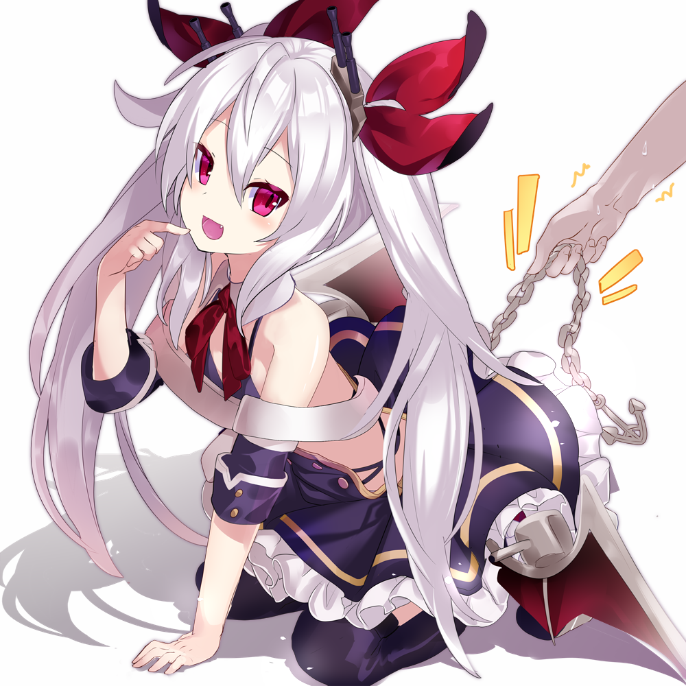 :d anchor arm_support azur_lane bangs belt black_dress black_legwear blush chain commentary_request detached_sleeves dress eyebrows_visible_through_hair fang finger_to_mouth full_body hair_between_eyes hair_ribbon holding kneeling long_hair looking_at_viewer low_wings nyori open_mouth purple_eyes red_ribbon red_wings ribbon sidelocks silver_hair smile solo_focus thighhighs twintails vampire_(azur_lane) very_long_hair white_background white_belt wings