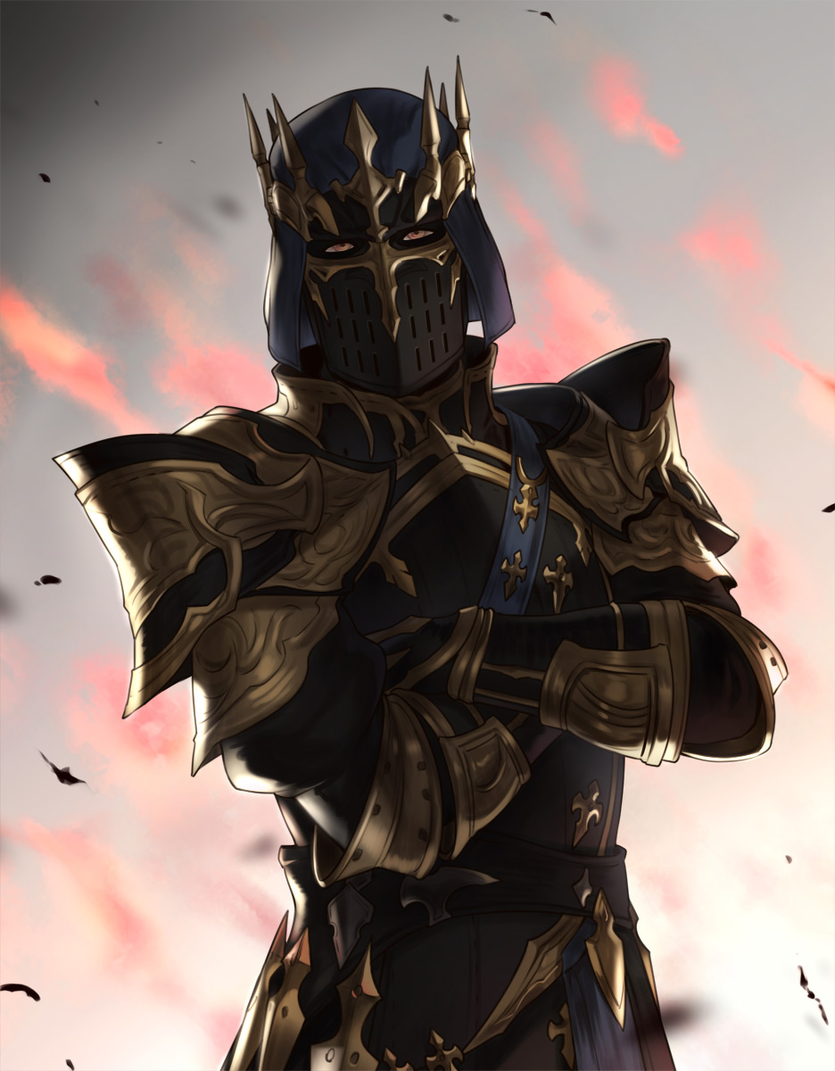 1boy armor breastplate brown_eyes commentary commentary_request crossed_arms final_fantasy final_fantasy_xiv fire fray_myste full_armor gauntlets gold_trim helm helmet highres houtengeki looking_at_viewer male_focus pauldrons sash shoulder_armor simple_background solo source_request spiked_helmet tagme upper_body