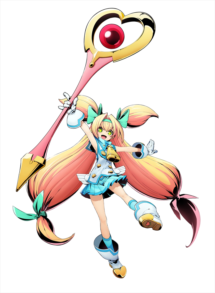 aqua_legwear bell blazblue blazblue:_cross_tag_battle blonde_hair cow_bell gloves hair_ribbon heart heart-shaped_pupils higuchi_konomi long_hair low-tied_long_hair muchourin official_art platinum_the_trinity quad_tails ribbon socks solo staff symbol-shaped_pupils two_side_up