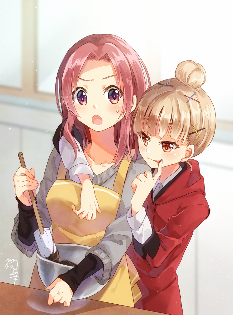 :o apron brown_eyes brown_hair chocolate_making collarbone commentary_request hair_bun hair_ornament hug hug_from_behind long_hair long_sleeves looking_at_another mixing_bowl multiple_girls nekozuki_yuki open_mouth original red_hair spatula sweatdrop tasting tongue tongue_out valentine x_hair_ornament yellow_apron