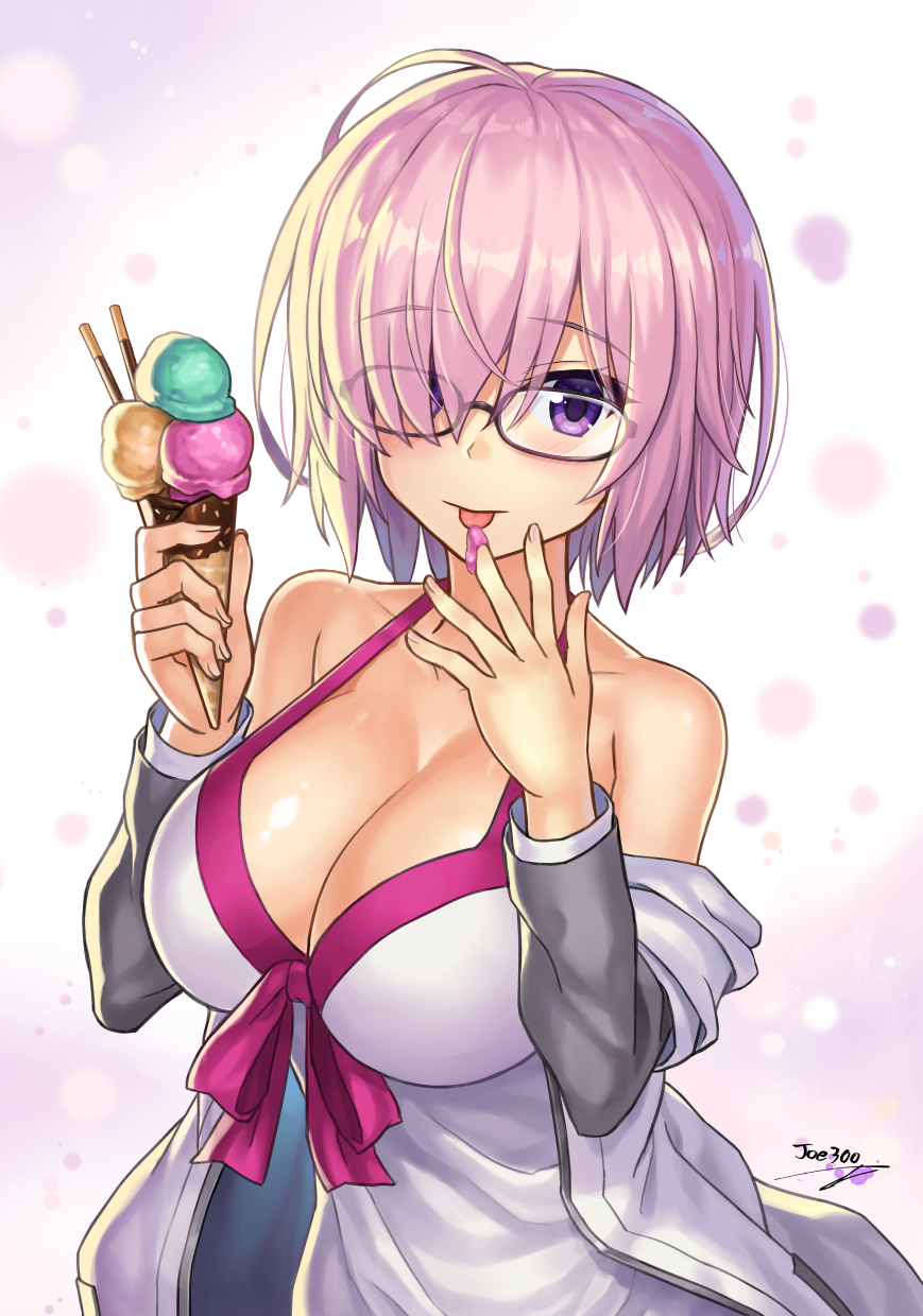 bare_shoulders blush bow bow_swimsuit breasts cleavage collarbone dress dress_swimsuit eyebrows_visible_through_hair fate/grand_order fate_(series) glasses hair_over_one_eye highres ice_cream_cone large_breasts lavender_hair licking light_particles looking_at_viewer mash_kyrielight npcpepper pink_bow purple_eyes shiny shiny_hair shiny_skin short_hair sleeveless sleeveless_dress solo swimsuit swimsuit_of_perpetual_summer white_swimsuit