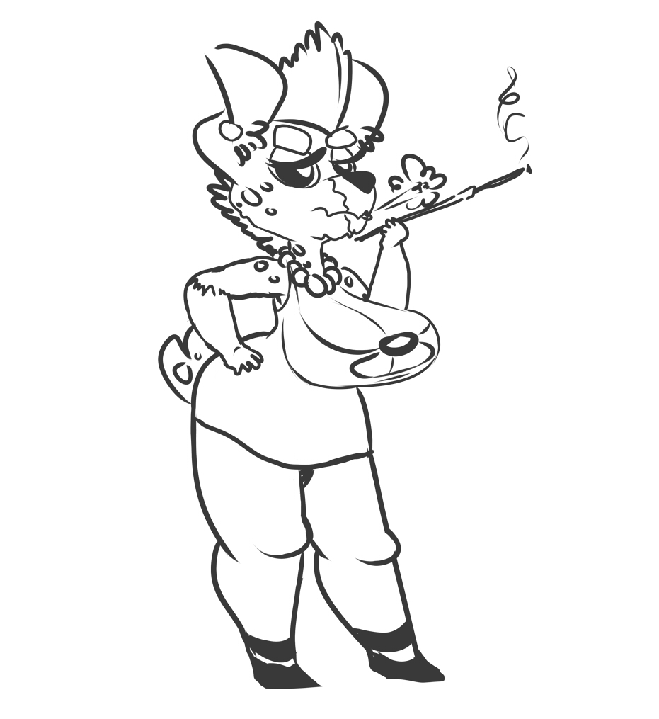 2015 anthro big_breasts breasts cigarette cigarette_holder cleavage clothed clothing digital_media_(artwork) female footwear fully_clothed hand_on_hip holding_object hyena jewelry line_art mammal mature_female monochrome necklace raised_arm shoes sketch smoking smutbooru solo standing wide_hips