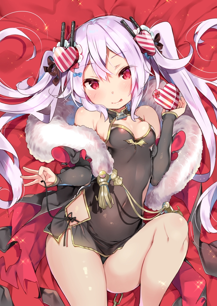 azur_lane bangs bare_shoulders black_dress black_panties blush box breasts china_dress chinese_clothes closed_mouth commentary_request detached_sleeves dress eyebrows_visible_through_hair fur_collar gift gift_box hair_between_eyes hand_up head_tilt heart-shaped_box holding holding_gift kibii_mocha long_hair long_sleeves looking_at_viewer lying medium_breasts on_back panties red_eyes side-tie_panties silver_hair sleeveless sleeveless_dress sleeves_past_wrists smile solo thighs twintails underwear untying valentine vampire_(azur_lane) very_long_hair