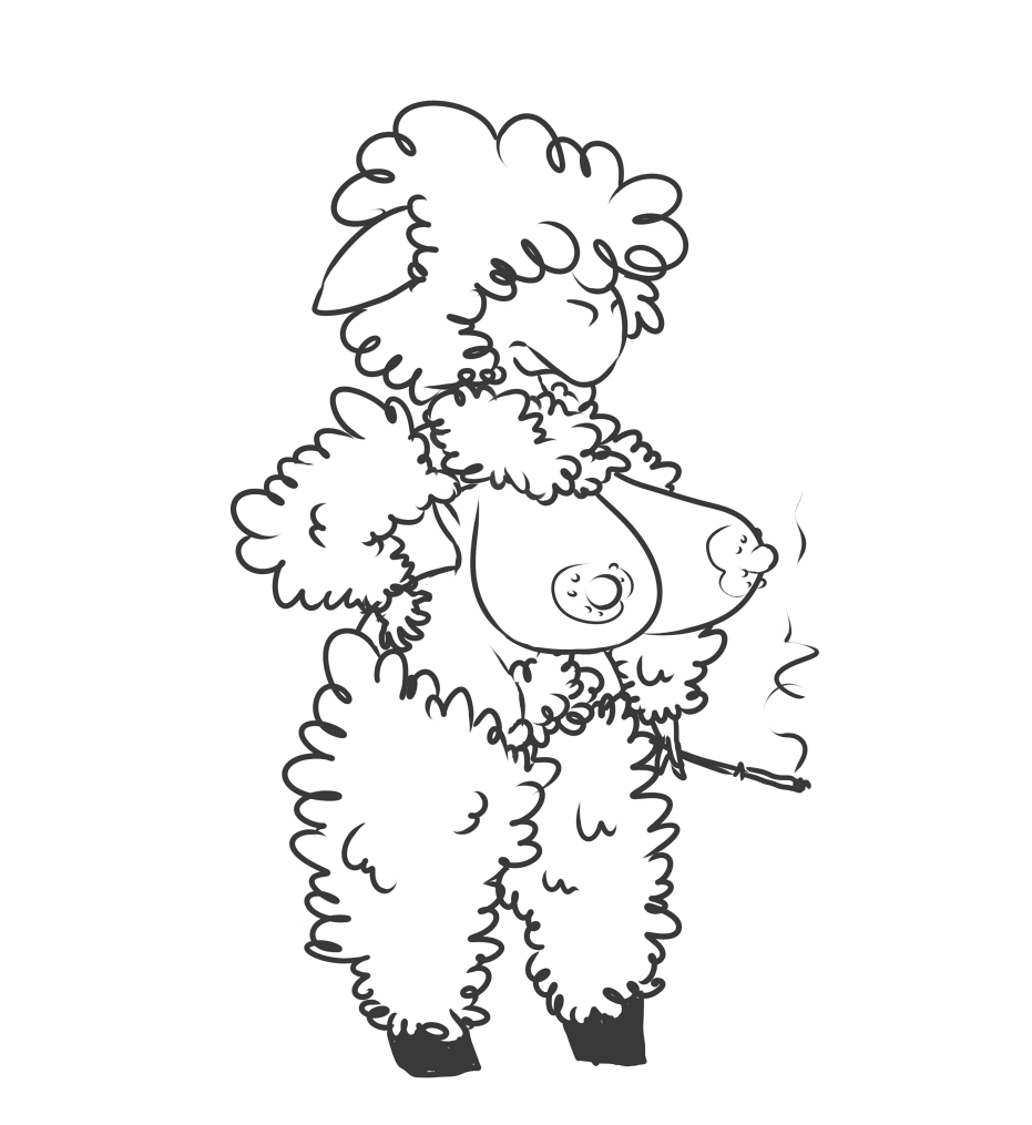 2015 anthro areola big_breasts breasts caprine cigarette cigarette_holder covered_eyes digital_media_(artwork) female hand_on_hip holding_object huge_breasts line_art mammal monochrome sheep smoking smutbooru solo standing thick_thighs voluptuous wide_hips