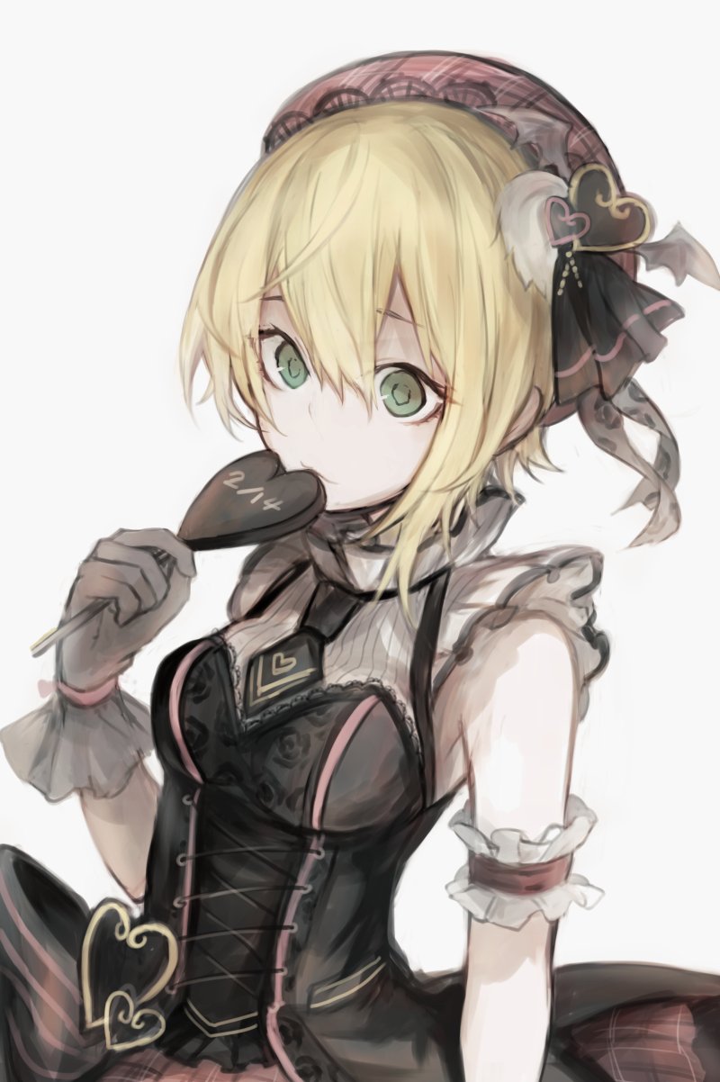 arm_garter bangs beret black_dress black_gloves blonde_hair bow closed_mouth commentary_request corset dated dress eyebrows_visible_through_hair gloves gothic_lolita green_eyes grey_background hair_between_eyes hair_bow hasunokaeru hat heart highres holding idolmaster idolmaster_cinderella_girls idolmaster_cinderella_girls_starlight_stage lolita_fashion long_hair looking_away miyamoto_frederica plaid_hat red_hat simple_background solo upper_body valentine white_background white_gloves
