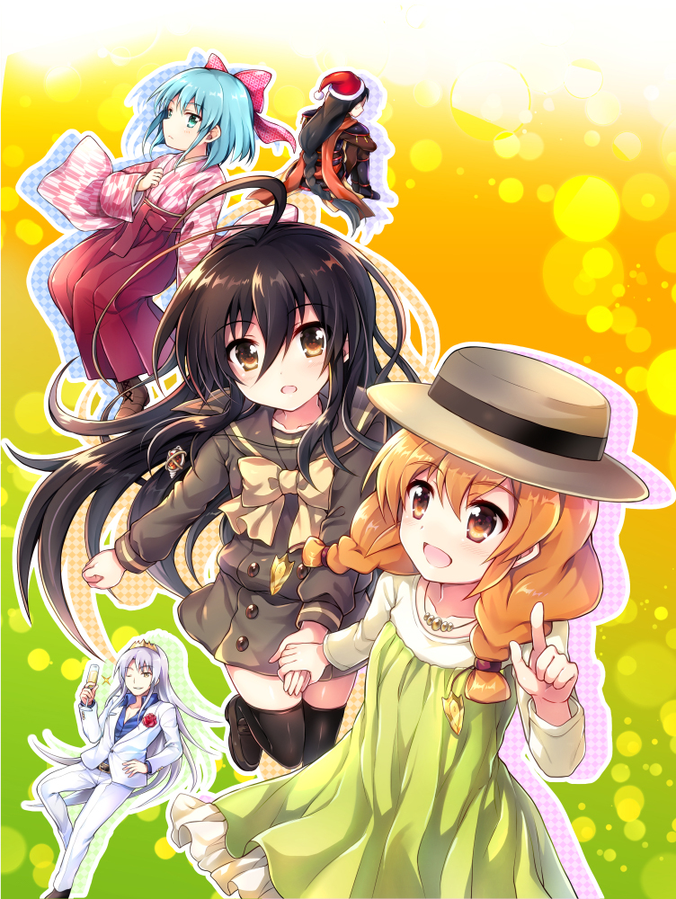 3girls :d ahoge black_hair black_legwear blue_hair blue_shirt bow bowtie breasts brown_eyes brown_footwear brown_neckwear brown_serafuku brown_shirt brown_skirt character_request chiara_toscana cleavage collarbone dress eyebrows_visible_through_hair floating_hair flower green_dress hair_between_eyes hair_bow hakama hand_on_hip hat hecate holding_hands index_finger_raised jacket japanese_clothes jewelry kimono leg_hug long_dress long_hair miniskirt multiple_boys multiple_girls necklace open_mouth orange_hair pants red_bow red_flower red_hakama red_hat sakai_yuuji santa_hat shakugan_no_shana shana shiny shiny_clothes shiny_skin shirt silver_hair sitting skirt small_breasts smile sun_hat sundress tachitsu_teto thighhighs twintails very_long_hair white_jacket white_pants zettai_ryouiki