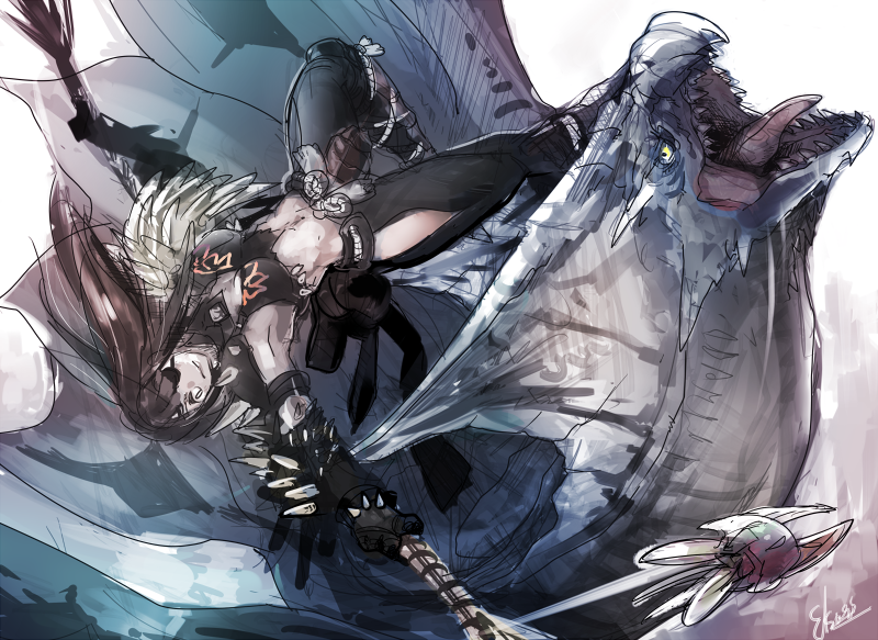 airborne armpits artist_name bare_shoulders breasts brown_hair cleavage closed_mouth commentary_request dragon elsass eyepatch gauntlets hip_vent holding holding_weapon insect_glaive legiana long_hair looking_at_another medium_breasts monster_hunter monster_hunter:_world navel nergigante_(armor) open_mouth pants polearm sharp_teeth sketch spikes sports_bra stomach teeth tongue upside-down weapon