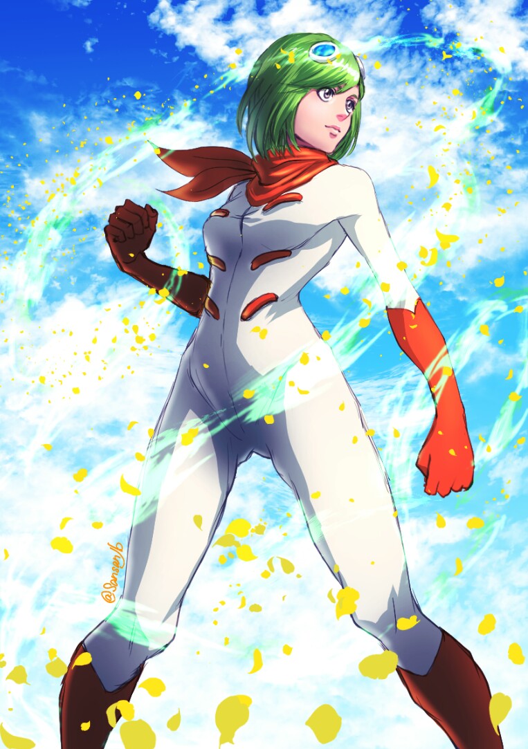 bangs bleach blue_sky bodysuit boots breasts cloud from_below gloves goggles green_hair kuna_mashiro lips looking_away orange_footwear orange_gloves petals purple_eyes san-san_(pixiv16523866) scarf short_hair signature sky small_breasts solo straight_hair swept_bangs white_bodysuit