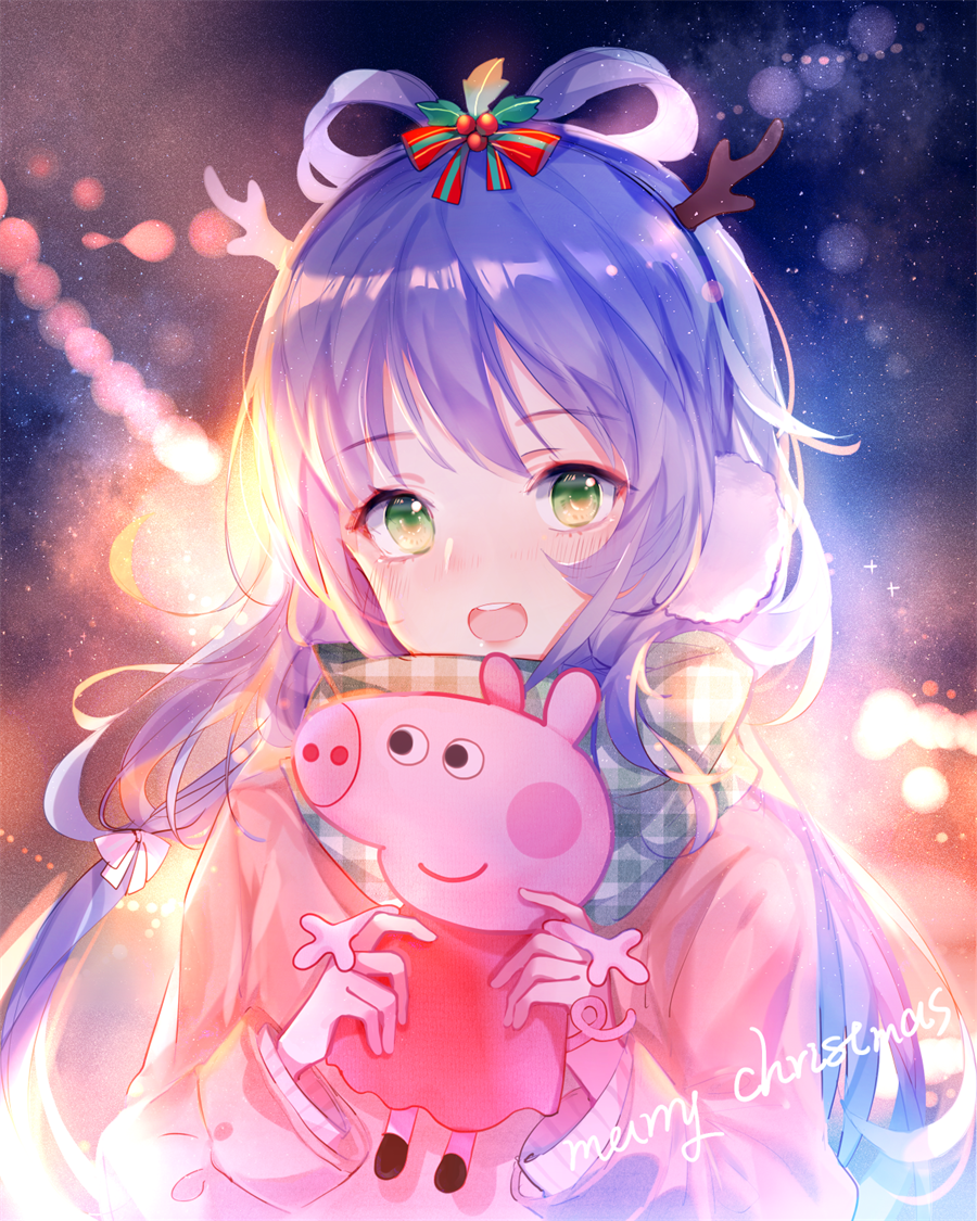 antlers blue_hair blue_hairband eyebrows_visible_through_hair floating_hair green_eyes hair_between_eyes hair_ribbon hairband holding long_hair luo_tianyi merry_christmas open_mouth peppa_pig peppa_pig_(series) pink_coat ribbon solo striped striped_ribbon upper_body very_long_hair vocaloid vocanese white_ribbon yu_jiu