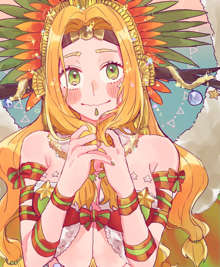 1girl bare_shoulders blonde_hair blush bow branch breast_squeeze breasts fate/grand_order fate_(series) fur_trim green_eyes green_nails large_breasts long_hair looking_at_viewer low-tied_long_hair nail_polish playing_with_own_hair quetzalcoatl_(fate/grand_order) quetzalcoatl_(samba_santa)_(fate) ribbon sparkle