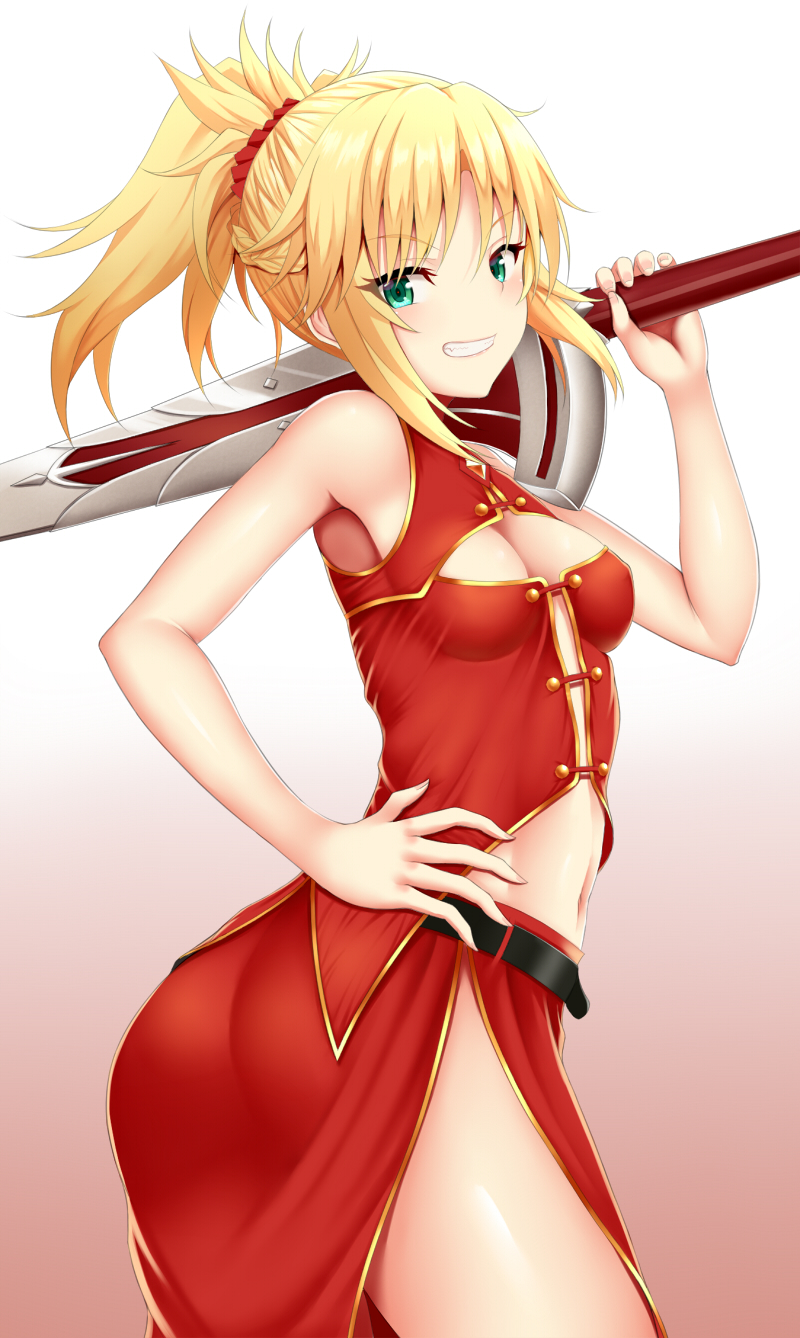 1girl armpits ass bangs bare_shoulders belt blonde_hair blush braid braided_ponytail breasts china_dress chinese_clothes clarent cleavage cleavage_cutout commentary_request dress eyebrows_visible_through_hair fate/grand_order fate_(series) french_braid gradient gradient_background green_eyes grin hand_on_hip highres holding holding_sword holding_weapon long_hair looking_at_viewer medium_breasts midriff mordred_(fate) mordred_(fate)_(all) navel ponytail red_dress scrunchie sidelocks simple_background skirt smile solo stomach sword twisted_torso weapon zukky