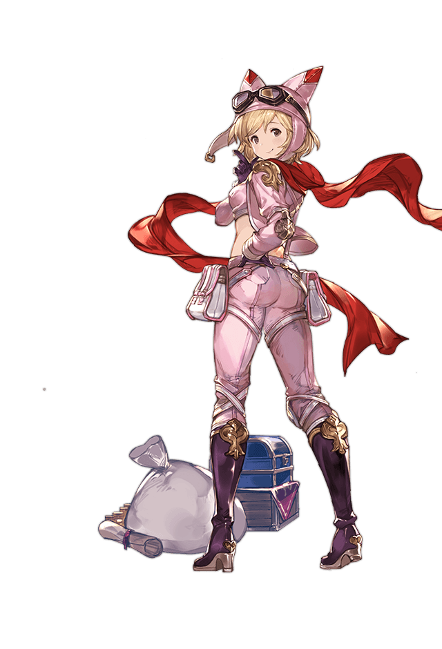 animal_hat ass blonde_hair boots djeeta_(granblue_fantasy) finger_gun from_behind full_body gloves goggles goggles_on_head granblue_fantasy hand_on_hip hat high_heel_boots high_heels jacket knee_boots looking_at_viewer minaba_hideo official_art open_clothes open_jacket pouch racing_suit red_scarf sack scarf short_hair smile solo transparent_background treasure_chest