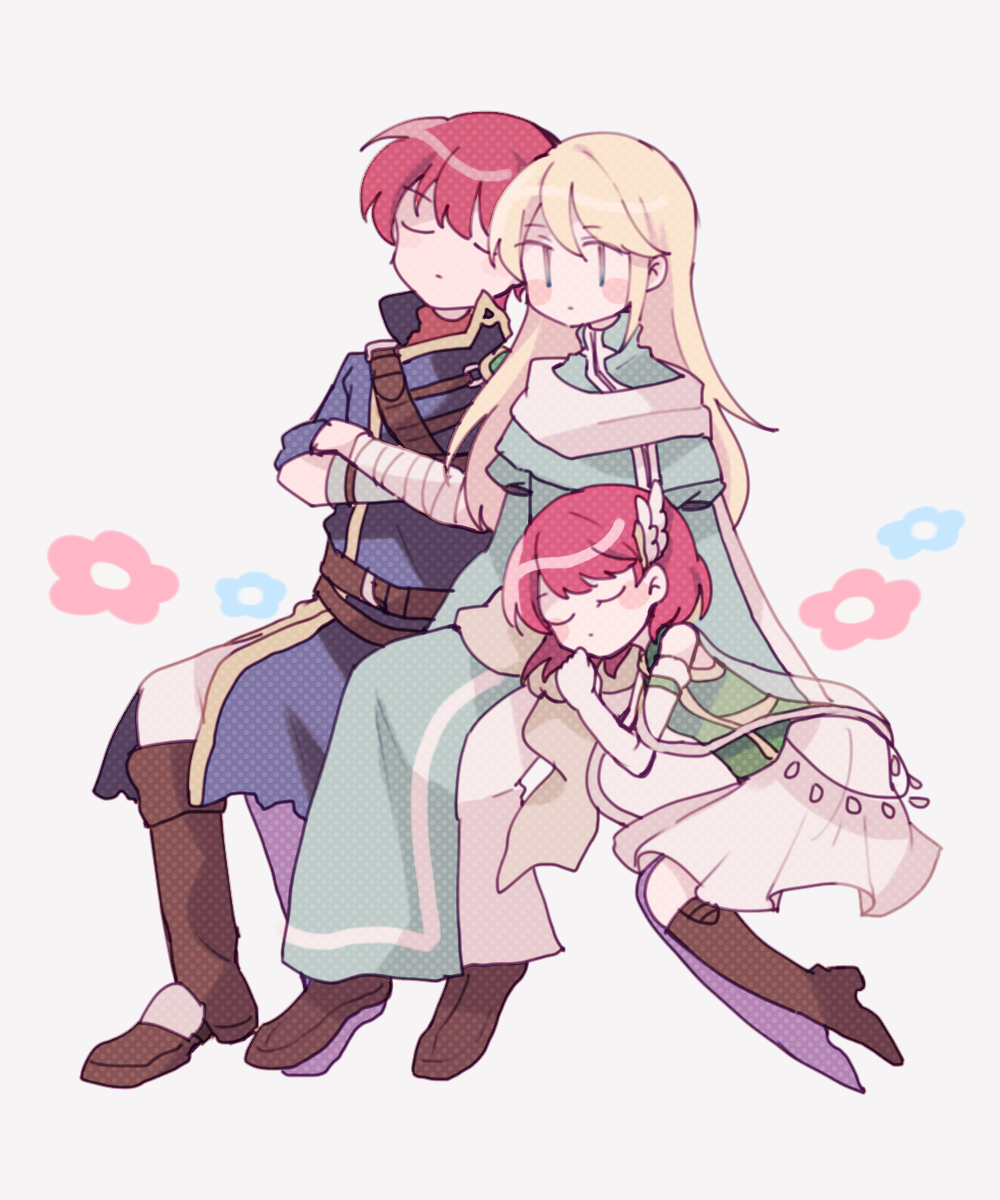 2boys androgynous blonde_hair boots closed_eyes fire_emblem fire_emblem:_rekka_no_ken highres long_hair lucius multiple_boys otoko_no_ko priscilla_(fire_emblem) raven_(fire_emblem) red_hair short_hair sisuko1016 sleeping sleeping_on_person