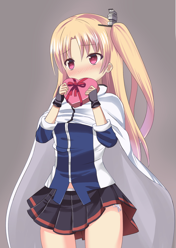 azur_lane bangs black_gloves black_skirt blonde_hair blue_jacket blush box cleveland_(azur_lane) cloak commentary_request covered_mouth cowboy_shot eyebrows_visible_through_hair fingerless_gloves gift gift_box gloves grey_background hair_ornament head_tilt heart-shaped_box holding holding_gift jacket long_hair long_sleeves neu_(frameice) nose_blush one_side_up panties pleated_skirt purple_eyes side-tie_panties simple_background skirt solo underwear valentine very_long_hair white_cloak