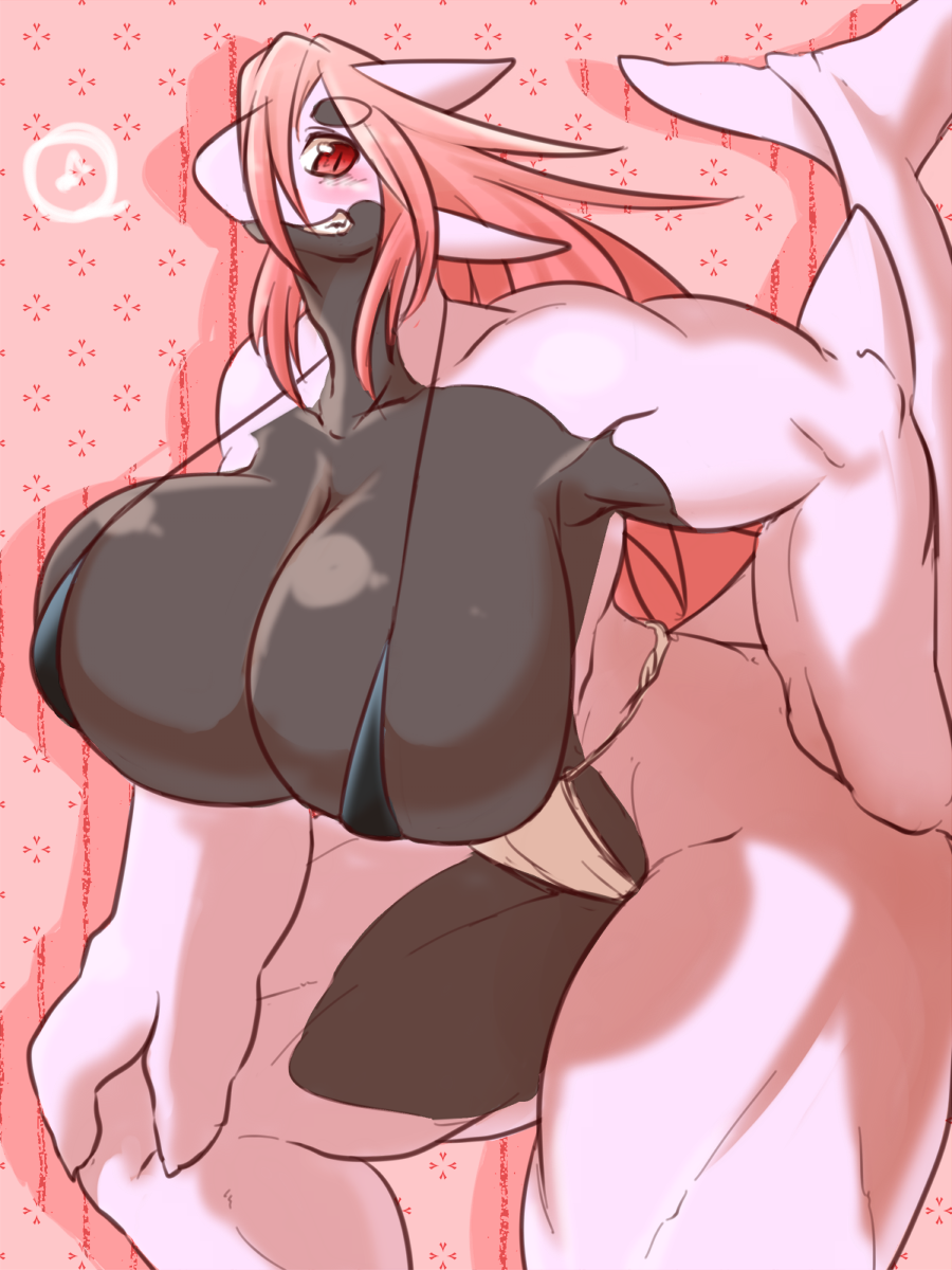 big_breasts bikini breasts cetacean clothing fdokkaku female grin hair huge_breasts long_hair mammal marine musical_note orca pink_hair pose red_eyes smile solo swimsuit two_tone_body voluptuous whale wide_hips