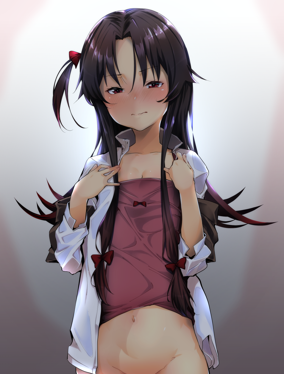 bangs black_hair blush bottomless bow closed_mouth collared_shirt commentary_request embarrassed eyebrows_visible_through_hair gradient gradient_background groin hair_bow highres long_hair looking_at_viewer navel nose_blush one_side_up open_clothes open_shirt out-of-frame_censoring parted_bangs red_bow red_eyes ryuuou_no_oshigoto! shirt solo standing uno_ryoku white_shirt yashajin_ai