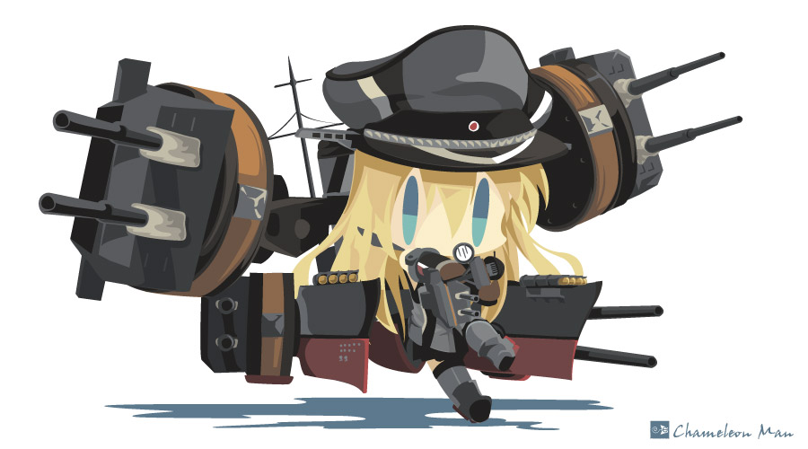 artist_name bad_id bad_pixiv_id bismarck_(kantai_collection) blonde_hair blue_eyes cannon chameleon_man_(three) chibi full_body hat kantai_collection long_hair no_lineart no_mouth peaked_cap remodel_(kantai_collection) rigging simple_background solo standing standing_on_one_leg turret white_background