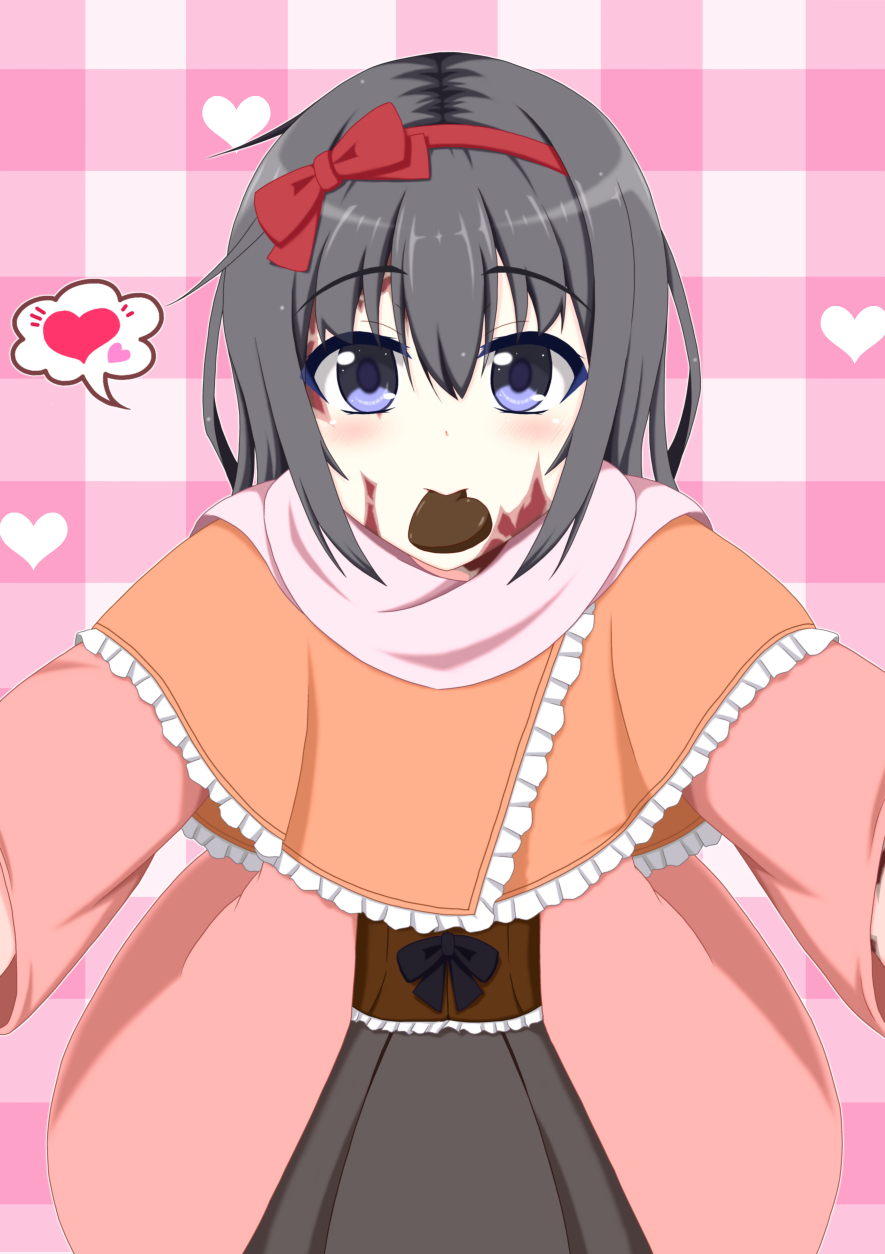 :&gt; black_hair blue_eyes blush bow brown_hair burn_scar capelet coat commentary_request dorei_to_no_seikatsu_~teaching_feeling~ eyebrows_visible_through_hair frilled_capelet frills hair_between_eyes hair_bow hairband heart highres incoming_hug long_hair looking_at_viewer mouth_hold outstretched_arms plaid plaid_background scar solo spoken_heart spread_arms sylvie_(dorei_to_no_seikatsu) takahiko valentine