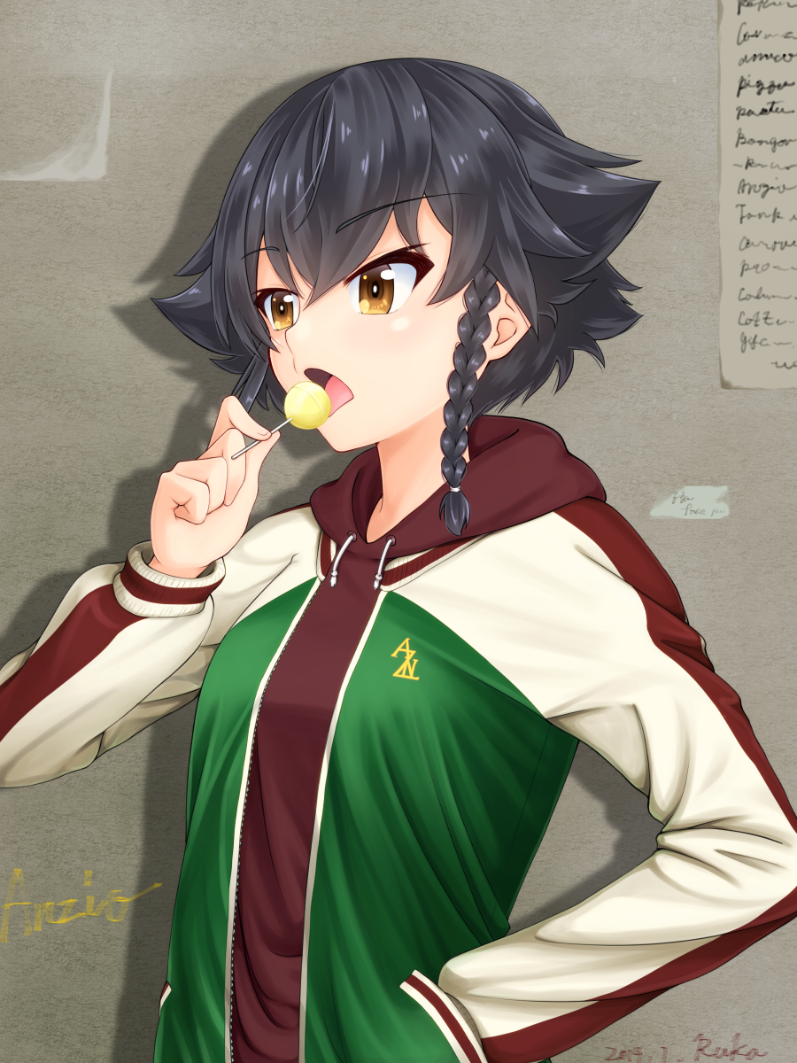 1girl artist_name bangs black_hair braid brown_eyes brown_shirt candy commentary_request dated drawstring eyebrows_visible_through_hair food girls_und_panzer green_jacket hair_tie hand_in_pocket highres holding holding_food hood hoodie jacket licking lollipop open_clothes open_jacket open_mouth pepperoni_(girls_und_panzer) ruka_(piyopiyopu) shadow shirt short_hair side_braid signature solo standing track_jacket upper_body
