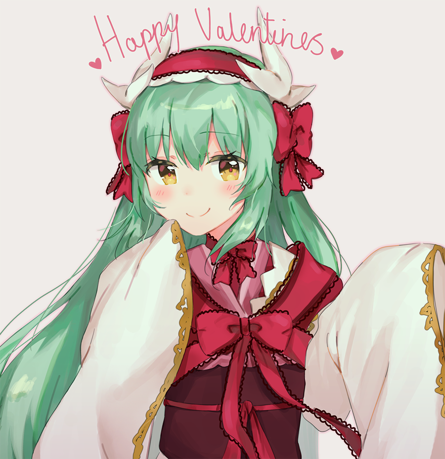 bangs blush bow closed_mouth commentary dragon_horns eyebrows_visible_through_hair fate/grand_order fate_(series) green_hair grey_background hair_between_eyes hairband happy_valentine heart horns japanese_clothes kimono kiyohime_(fate/grand_order) long_hair long_sleeves looking_at_viewer mochii obi red_bow red_hairband sash simple_background sleeves_past_fingers sleeves_past_wrists smile solo valentine very_long_hair white_kimono wide_sleeves yellow_eyes