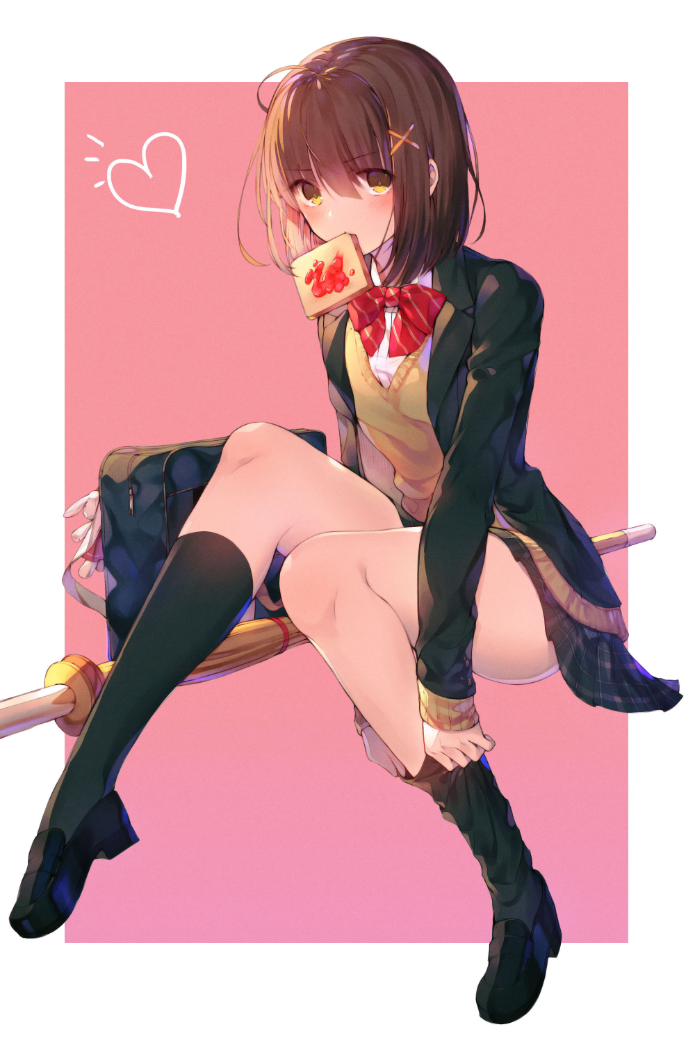 1girl adjusting_clothes adjusting_legwear bag bag_charm bangs black_footwear black_jacket black_legwear black_skirt blush bow bowtie breasts charm_(object) duffel_bag eyebrows_visible_through_hair food food_in_mouth full_body hair_ornament heart highres invisible_chair jacket kh_(kh_1128) kneehighs large_breasts loafers long_sleeves looking_at_viewer marmalade miniskirt mouth_hold neck_ribbon open_clothes open_jacket original pink_background plaid plaid_skirt pleated_skirt red_bow red_neckwear ribbon school_bag school_uniform shoes short_hair simple_background sitting skirt solo striped striped_bow striped_neckwear sweater_vest sword thighs toast toast_in_mouth weapon wooden_sword x_hair_ornament yellow_eyes