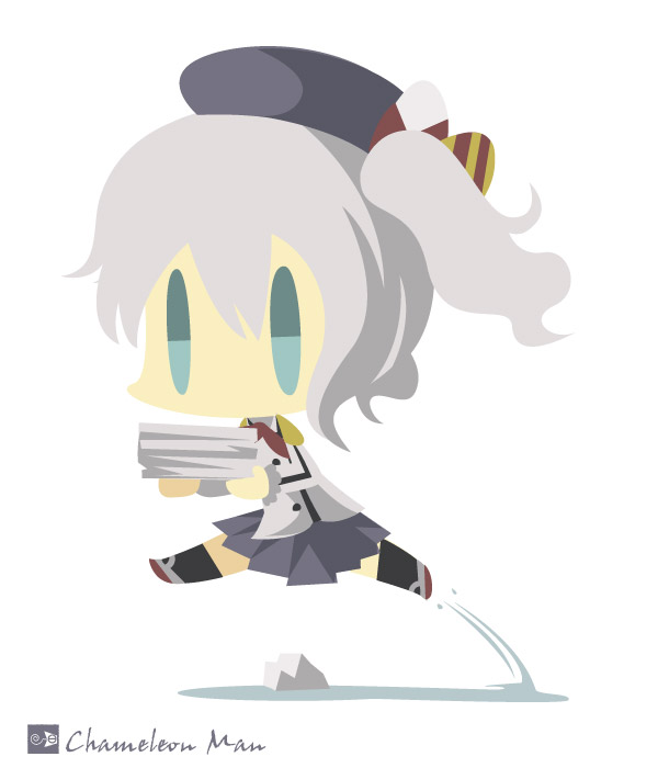 artist_name bad_id bad_pixiv_id beret chameleon_man_(three) chibi epaulettes grey_hair hat jumping kantai_collection kashima_(kantai_collection) military military_uniform no_lineart no_mouth rock simple_background solo twintails uniform white_background