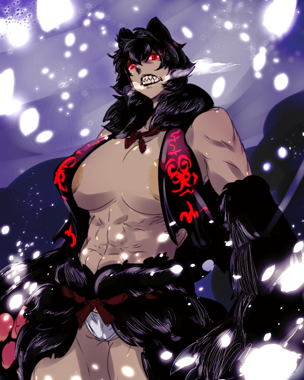 abs animal_ears areola_slip areolae bear bear_ears biceps breasts commentary fang fox_ears furry highres hokkaido karakure_(kamo-nanban) killing_bites large_breasts muscle muscular_female original red_eyes symbol-shaped_pupils tail therianthrope