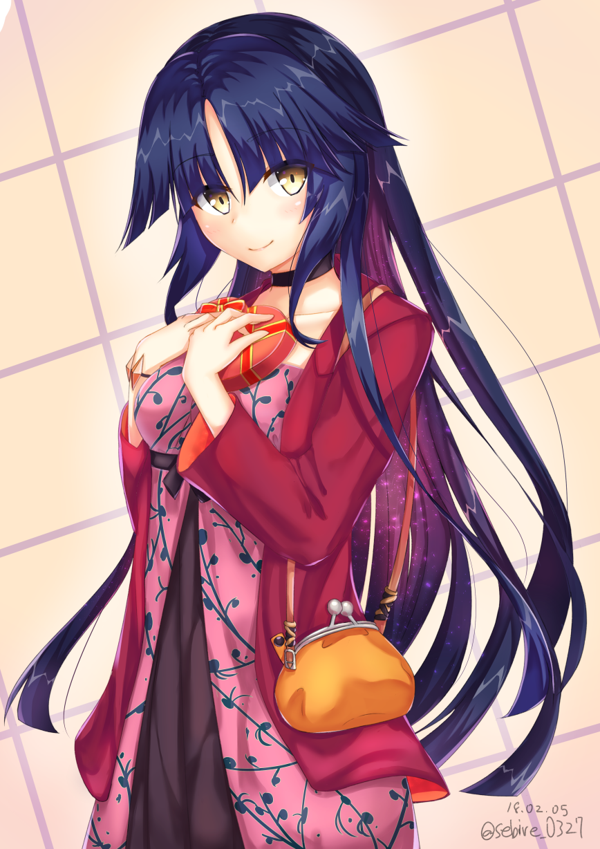 bag black_hair blush box choker commentary_request dated dress fate/grand_order fate_(series) first_valentine gift handbag heart-shaped_box highres holding holding_gift humanization jacket katou_danzou_(fate/grand_order) long_hair sebire smile solo twitter_username valentine very_long_hair yellow_eyes