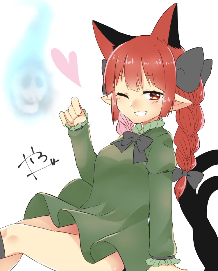 abe_suke animal_ears bangs black_bow black_legwear black_neckwear blush bow bowtie braid brown_eyes cat_ears cat_tail commentary_request dress extra_ears eyebrows_visible_through_hair green_dress hair_bow heart juliet_sleeves kaenbyou_rin kneehighs long_hair long_sleeves looking_at_viewer multiple_tails one_eye_closed pointy_ears puffy_sleeves red_hair signature sitting smile solo tail touhou twin_braids two_tails white_background
