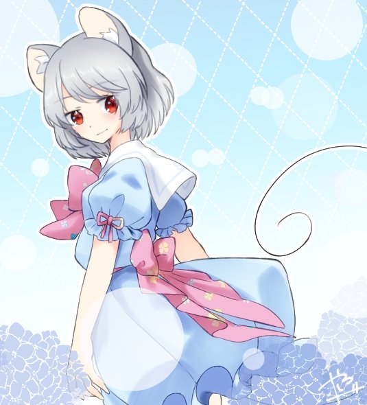 abe_suke alternate_costume animal_ears bangs blue_dress bow bowtie closed_mouth commentary_request cowboy_shot dress eyebrows_visible_through_hair facial_hair floral_print flower from_side grey_hair looking_at_viewer mouse_ears mustache nazrin pink_neckwear puffy_short_sleeves puffy_sleeves red_eyes short_hair short_sleeves signature solo touhou