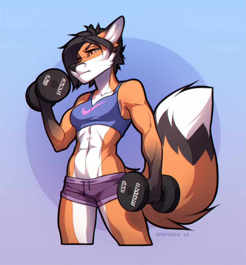 abs anthro athletic canine clothed clothing exercise female fox fur hair mammal portrait simple_background solo spefides standing three-quarter_portrait weightlifting workout