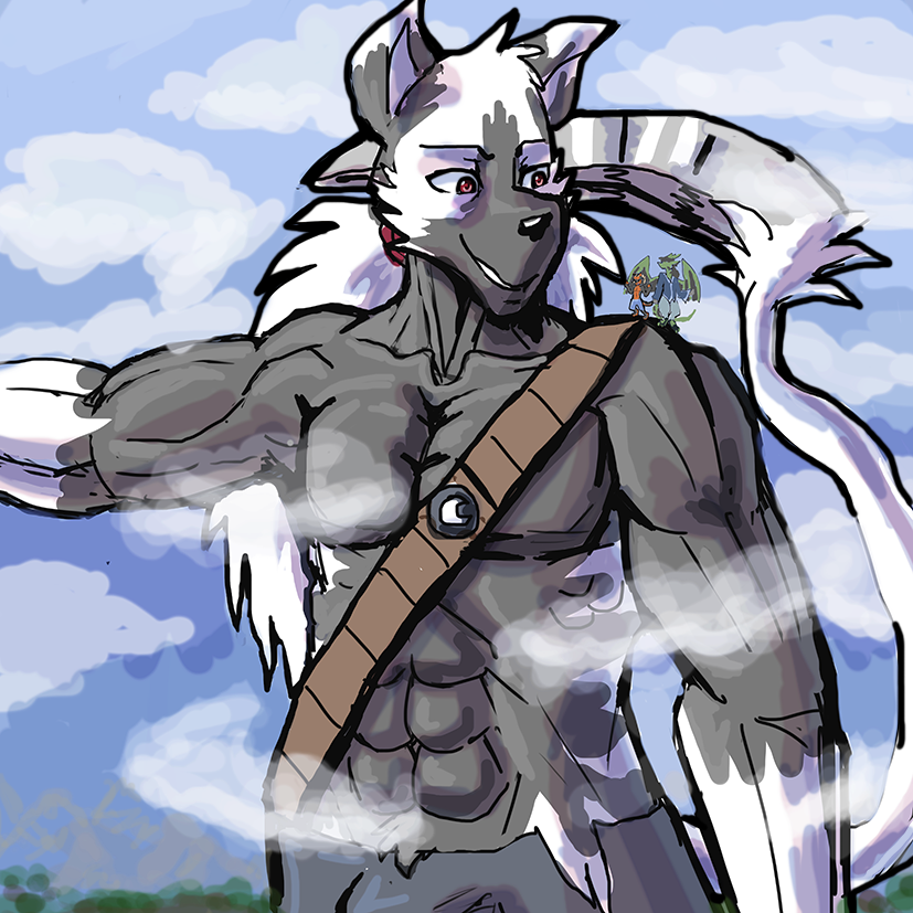 abs anthro azurai bulge cloud demon digital_media_(artwork) fur hair horn iratu_elexion long_hair long_tail macro male mammal manpersonguy mrease muscular muscular_male pecs size_difference slightly_damned smile tsavo_(slightly_damned) webcomic