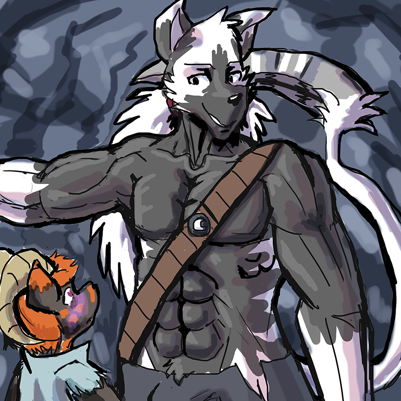 abs anthro azurai bulge cave demon digital_media_(artwork) fur hair horn iratu_elexion larger_male long_hair long_tail male male/male mammal manpersonguy mrease muscular muscular_male pecs size_difference slightly_damned smile webcomic