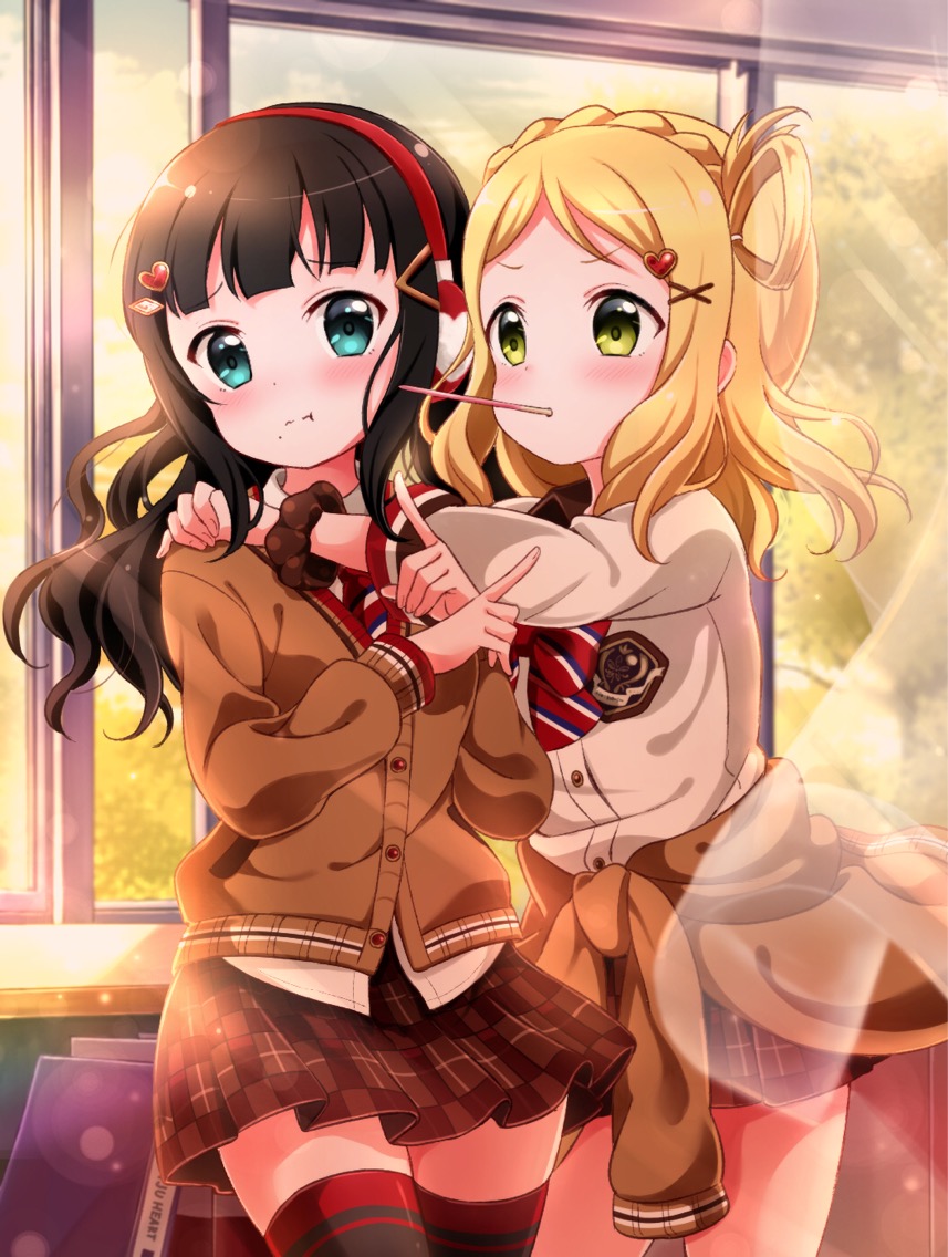 :t arms_around_neck bangs black_hair black_scrunchie blonde_hair blue_eyes blunt_bangs blush braid brown_cardigan cardigan_around_waist crown_braid curtains earmuffs food green_eyes hair_ornament hair_rings hairclip heart heart_hair_ornament kurosawa_dia long_hair love_live! love_live!_sunshine!! miniskirt mole mole_under_mouth mouth_hold multiple_girls ohara_mari pipette1223 plaid plaid_skirt pocky polka_dot polka_dot_scrunchie school_uniform scrunchie skirt striped striped_neckwear window wrist_scrunchie x x_hair_ornament yuri