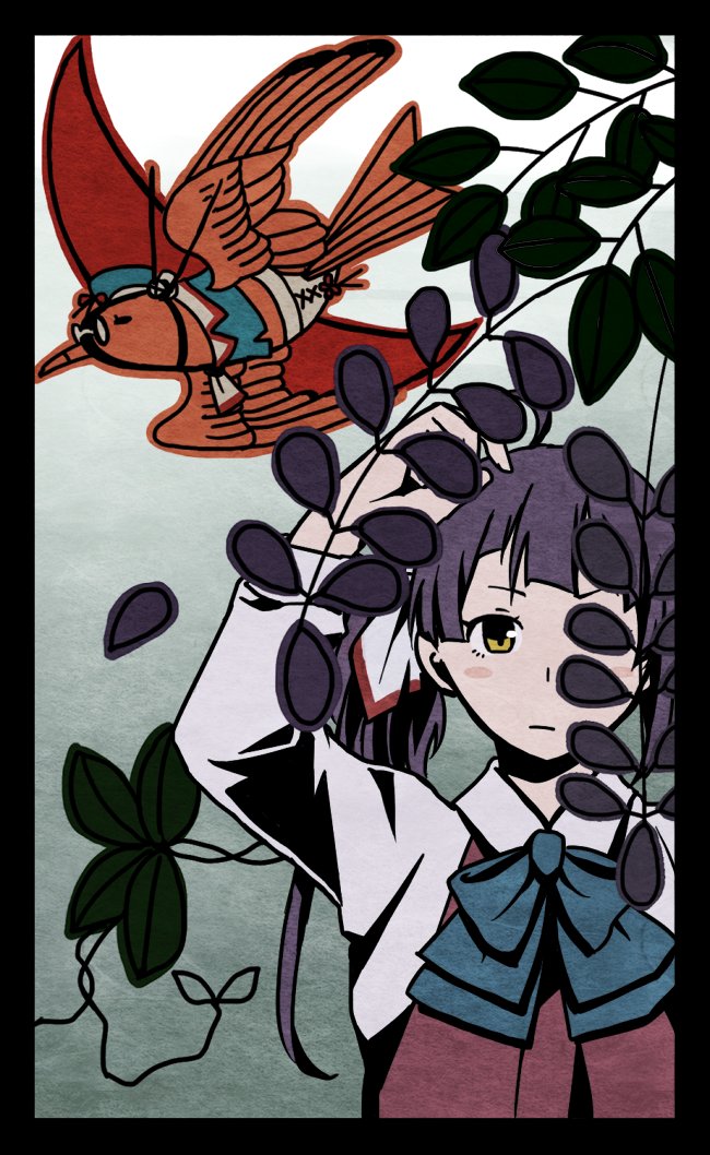 ahoge animalization beret bird black_border blue_neckwear border bow bowtie choukai_(kantai_collection) commentary_request cuckoo derivative_work dress flat_color flower fujinami_(kantai_collection) glasses hair_ribbon hanafuda hat kantai_collection leaf long_hair multiple_girls purple_hair remodel_(kantai_collection) ribbon school_uniform shakeda_mamoshirou shirt side_ponytail sleeveless sleeveless_dress tree_branch white_ribbon white_shirt wisteria yellow_eyes