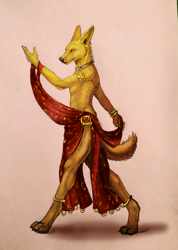 2018 amon anthro canine clothed clothing collar crossdressing digital_media_(artwork) ear_piercing fur golden_jackal jackal jewelry looking_at_viewer male mammal metal_collar piercing red_lantern sellon simple_background smile solo standing topless