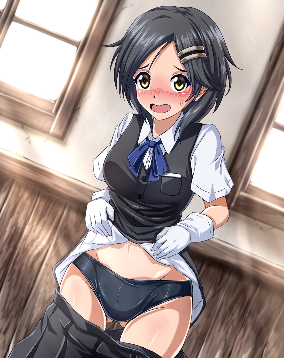 ass_visible_through_thighs bike_shorts black_hair black_panties black_skirt black_vest blue_neckwear blue_ribbon blush breasts commentary_request dutch_angle gloves groin hair_ornament hairclip indoors kantai_collection kuroshio_(kantai_collection) lifted_by_self looking_at_viewer medium_breasts navel neck_ribbon nose_blush open_mouth panties pleated_skirt ribbon shirt short_hair skirt skirt_pull solo sweat sweatdrop underwear vest white_gloves white_shirt window yellow_eyes zanntetu