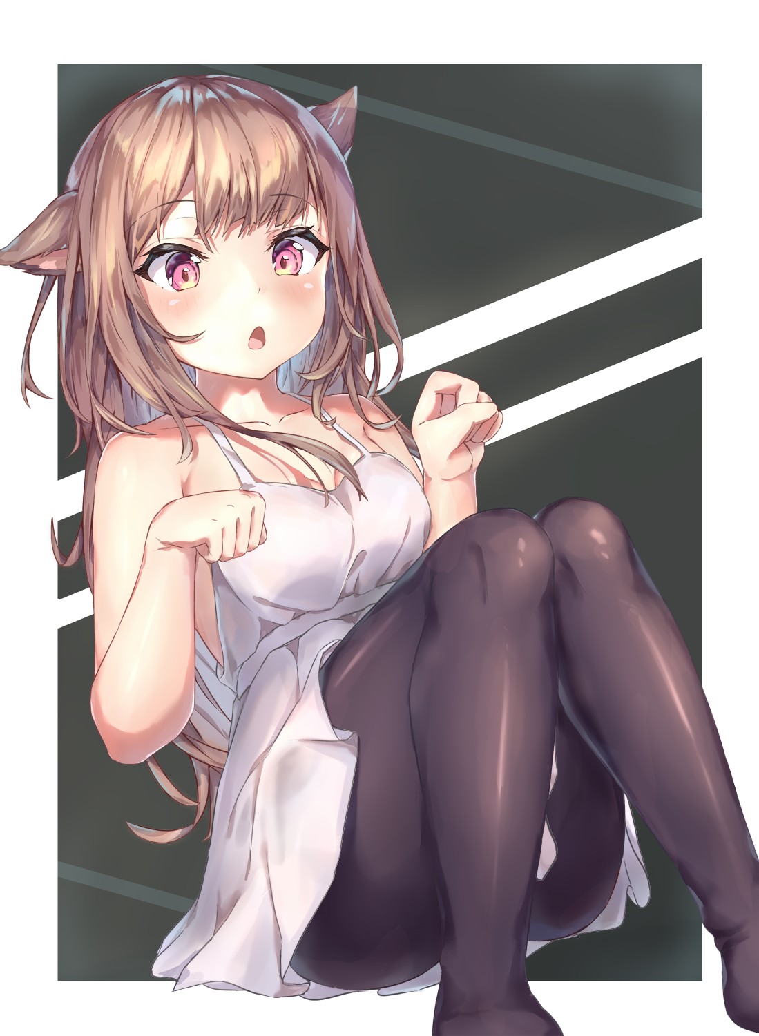 1girl :o animal_ears armpit_crease ass bangs bare_arms bare_shoulders black_background black_legwear blush breasts brown_hair cat_ears collarbone dress eyebrows_visible_through_hair hands_up highres knees_up long_hair looking_at_viewer mishuo_(misuo69421) no_shoes original pantyhose parted_lips paw_pose red_eyes sitting sleeveless sleeveless_dress small_breasts solo spaghetti_strap tareme two-tone_background white_background white_dress