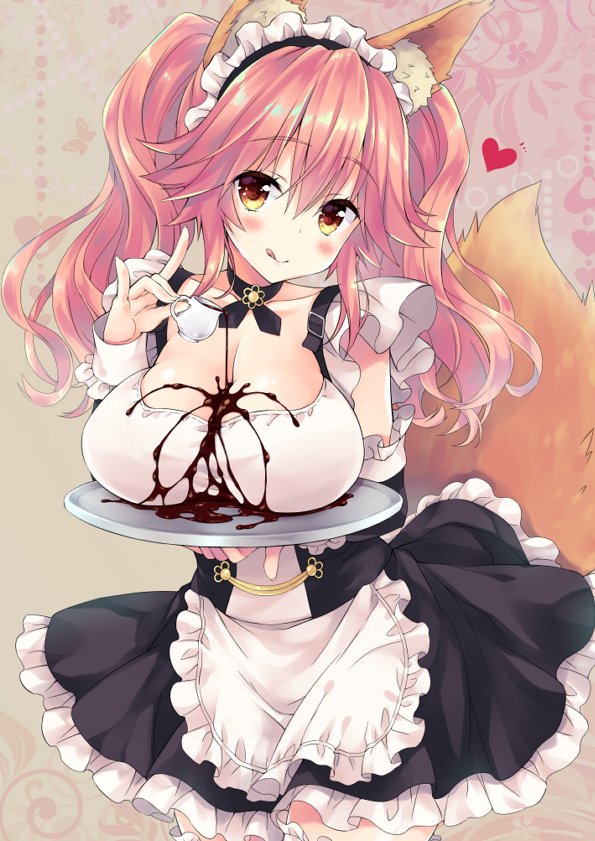 animal_ears blush breasts cleavage fate_(series) fox_ears fox_shadow_puppet fox_tail large_breasts pink_hair sasorigatame solo tail tamamo_(fate)_(all) tamamo_no_mae_(fate) tongue tongue_out yellow_eyes
