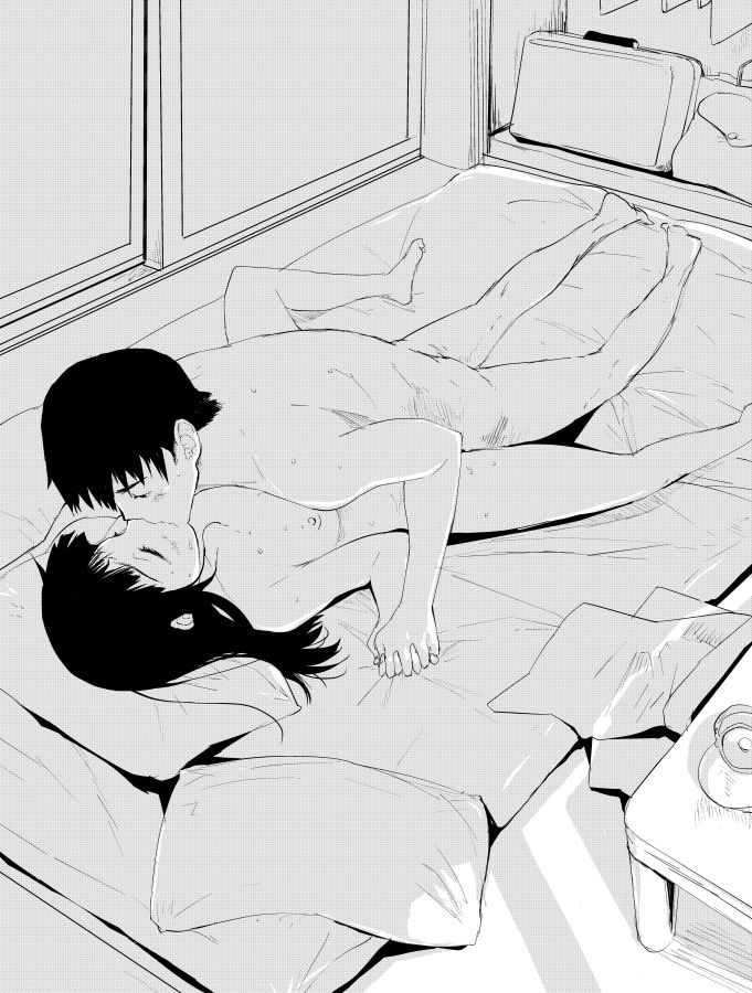 1boy 1girl ass bedroom black_hair breasts eyes_closed hand_holding hetero kissing lying missionary monochrome pillows romantic sex spread_eagle sweaty