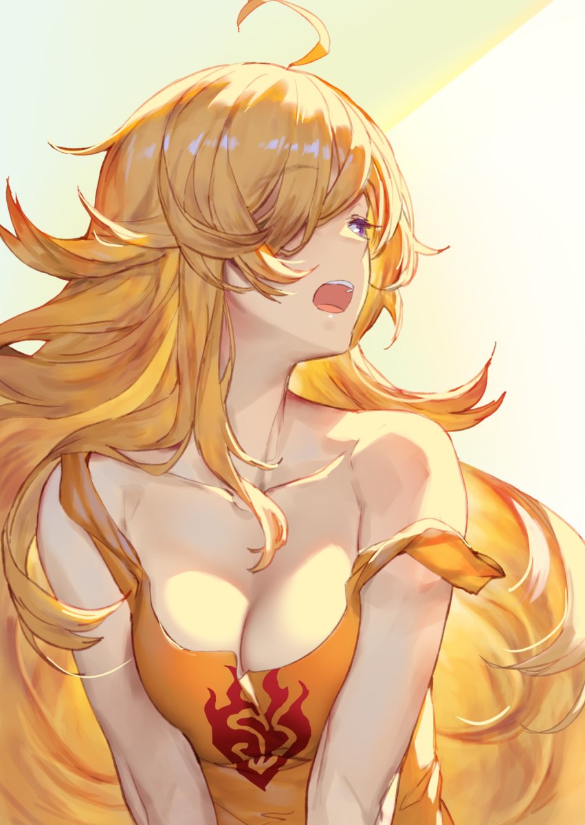 ahoge bare_shoulders blonde_hair blush breast_squeeze breasts cleavage collarbone commentary_request eyebrows_visible_through_hair hair_over_one_eye izumi_sai light long_hair looking_afar looking_away looking_to_the_side medium_breasts messy_hair open_mouth orange_tank_top print_shirt purple_eyes rwby shiny shiny_hair shirt solo strap_slip tank_top upper_body upper_teeth very_long_hair waking_up yang_xiao_long
