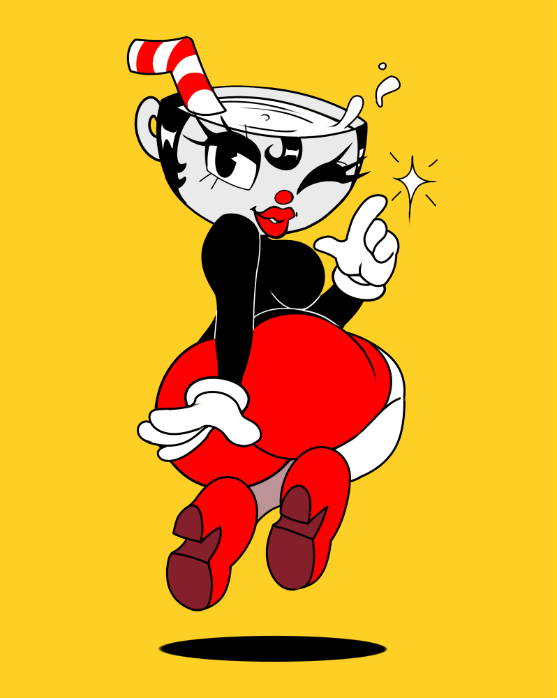 2017 animate_inanimate boosterpang clothed clothing crossgender cuphead_(character) cuphead_(game) female floating full-length_portrait humanoid not_furry object_head one_eye_closed portrait simple_background skirt solo suspended_in_midair voluptuous wink yellow_background
