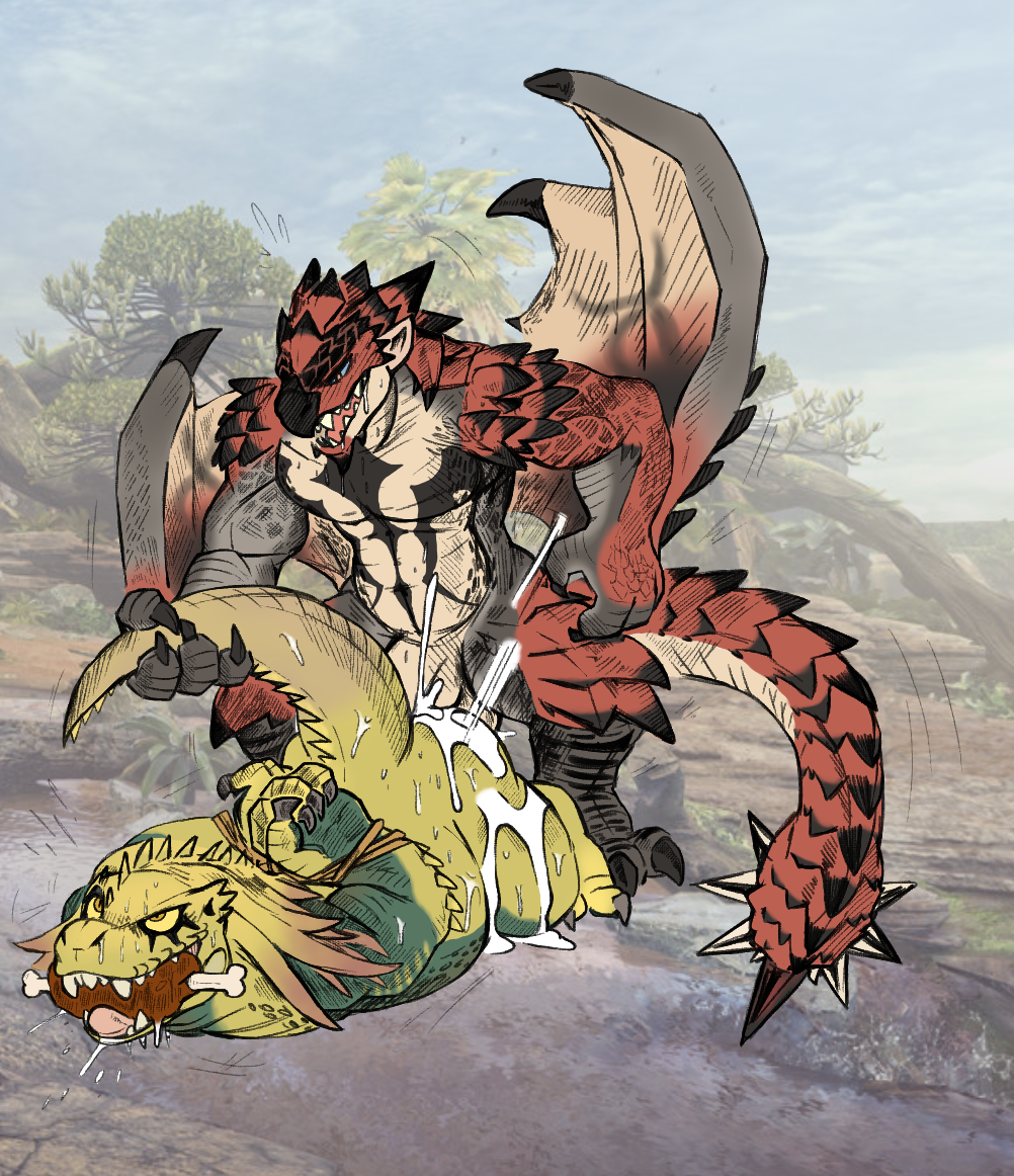 anal anal_penetration anthro butt capcom cum cum_on_butt daftpatriot dragon fanged_wyvern flying_wyvern great_jagras lying male male/male meat monster_hunter musclegut overweight pecs penetration penis rathalos saliva sex video_games wings wyvern