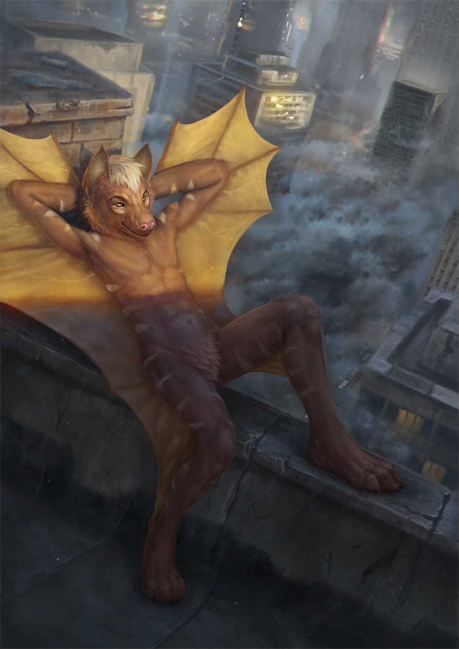 2018 anthro bat brown_fur detailed_background digital_media_(artwork) flying_fox fruit_bat fur hair happy latex_(artist) lying male mammal naturally_censored outside realistic rooftop smile solo specter_koen stripes white_hair wings