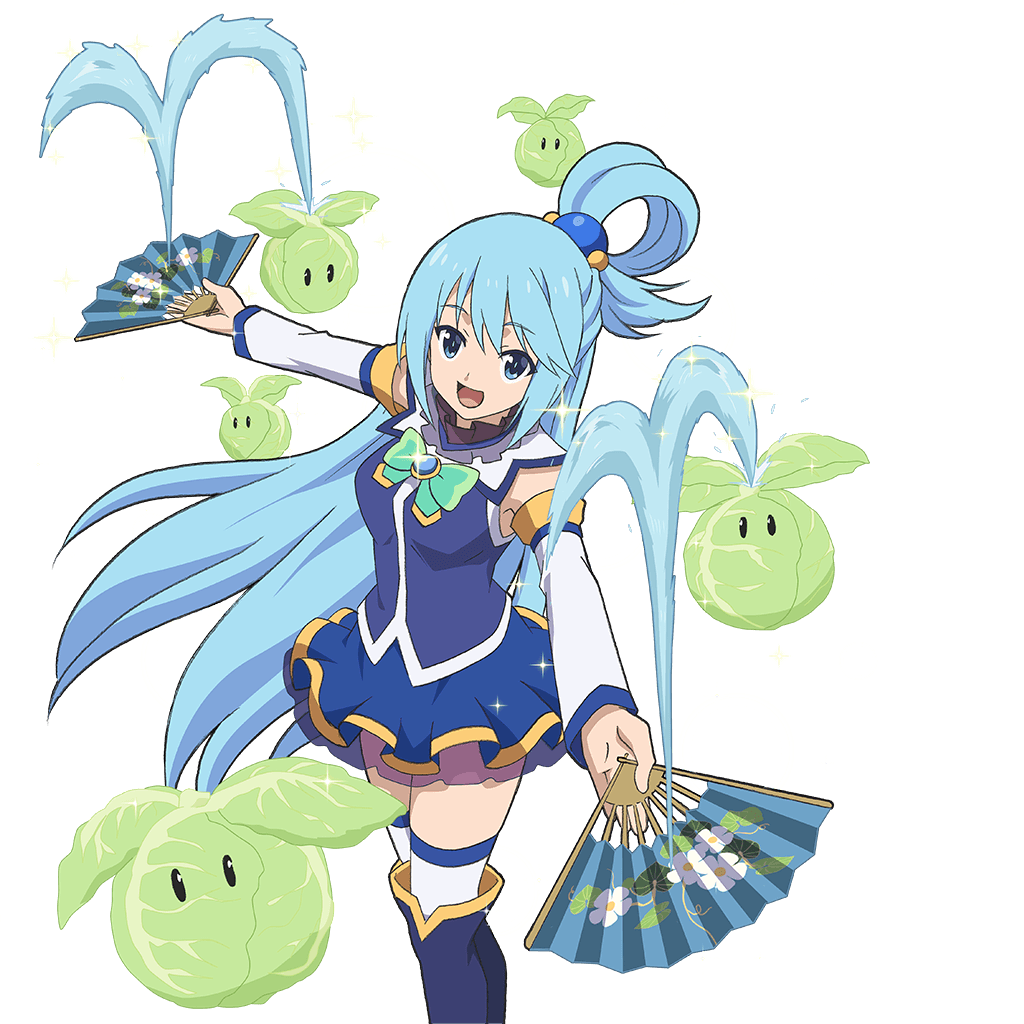 aqua_(konosuba) blue_eyes blue_footwear blue_hair blue_legwear blue_shirt blue_skirt boots bow cabbage detached_sleeves fan folding_fan green_bow hair_rings kono_subarashii_sekai_ni_shukufuku_wo! official_art shirt skirt thigh_boots thighhighs transparent_background uchi_no_hime-sama_ga_ichiban_kawaii water