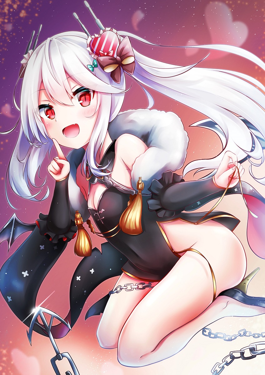 :d anchor aqua_bow azur_lane bangs bare_shoulders bat_wings black_bow black_dress black_footwear blush bow breasts chain china_dress chinese_clothes cleavage covered_navel detached_sleeves dress eyebrows eyebrows_visible_through_hair eyelashes eyes_visible_through_hair fang finger_to_mouth fingernails frilled_sleeves frills fur_trim hair_between_eyes hair_bow hair_ornament heart heart_hair_ornament high_heels highres leaning leaning_forward long_hair microdress no_panties open_mouth palms red_eyes renka_(cloudsaikou) sidelocks sitting sleeveless sleeveless_dress slit_pupils small_breasts smile solo sparkle tassel tongue twintails vampire_(azur_lane) wariza white_hair wings