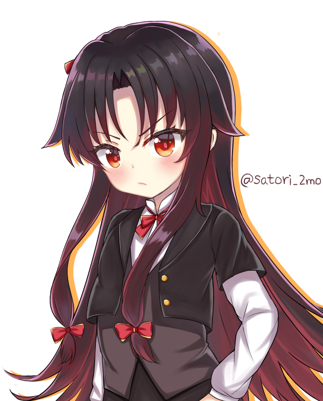 bangs black_jacket black_skirt blush bow brown_hair brown_vest closed_eyes commentary_request eyebrows_visible_through_hair gradient_hair hair_bow hand_on_hip jacket long_hair long_sleeves looking_at_viewer multicolored_hair orange_outline outline red_bow red_eyes ryuuou_no_oshigoto! satori_(ymoy) shirt short_over_long_sleeves short_sleeves sidelocks simple_background skirt solo twitter_username v-shaped_eyebrows very_long_hair vest white_background white_shirt yashajin_ai