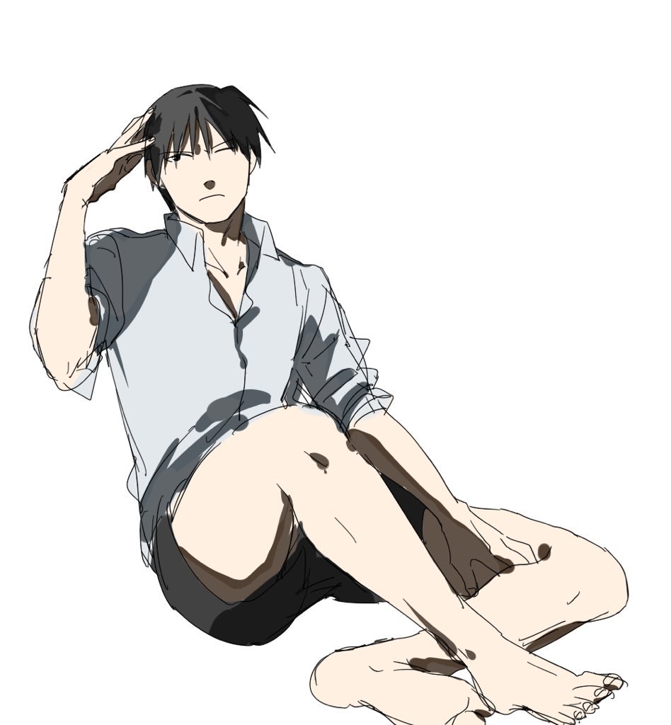 bare_legs barefoot black_eyes black_hair doya expressionless eyebrows_visible_through_hair fullmetal_alchemist grey_shirt hand_in_hair long_sleeves looking_away male_focus one_eye_closed roy_mustang serious shaded_face shirt short_hair shorts simple_background solo white_background